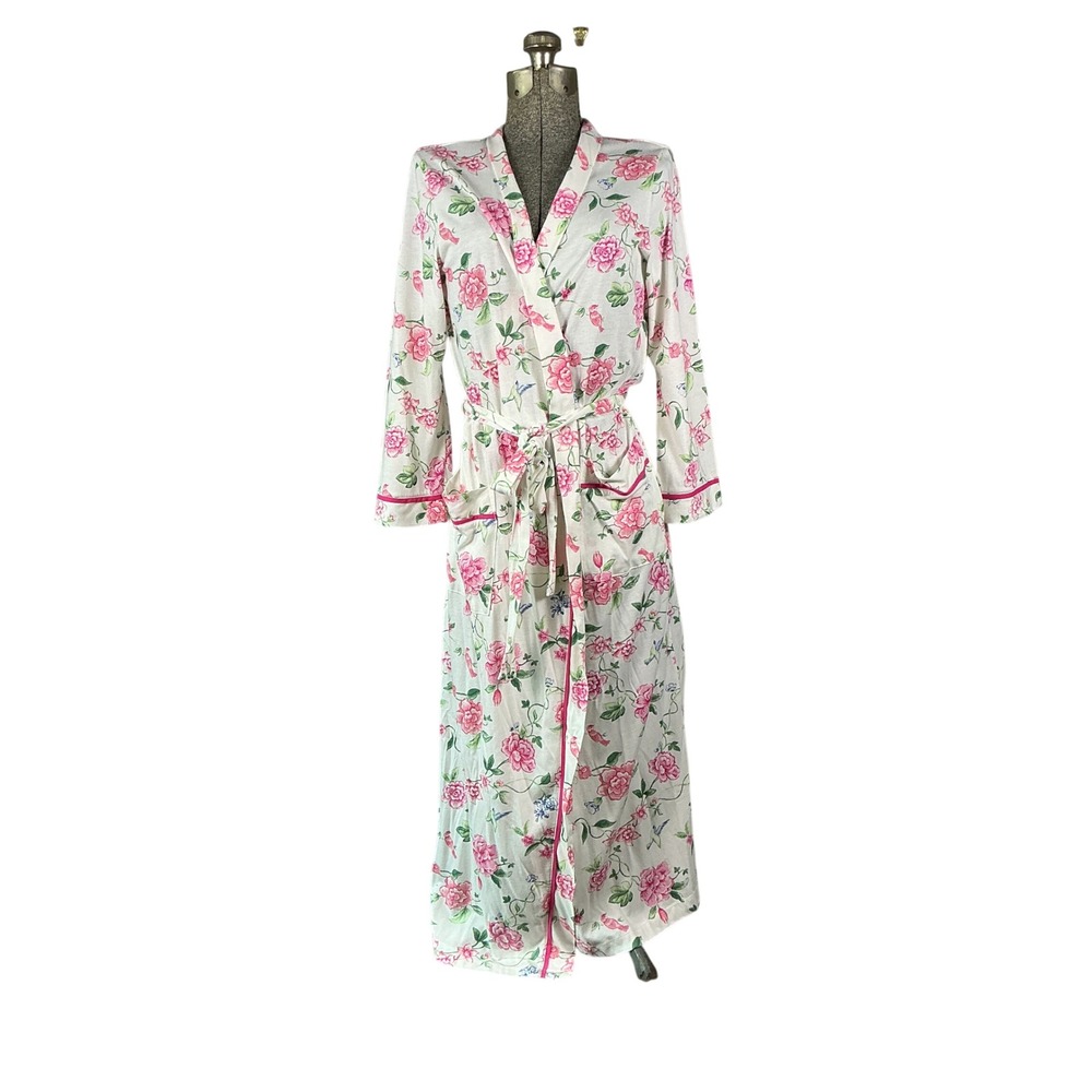Carole Hochman Pink Floral Hummingbird Wrap Robe White Jersey Knit Medium